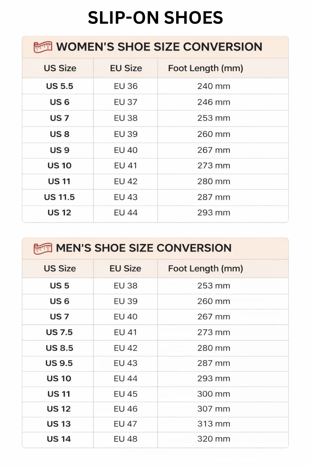 Slip On Shoes Size Chart - Black Clover Shop
